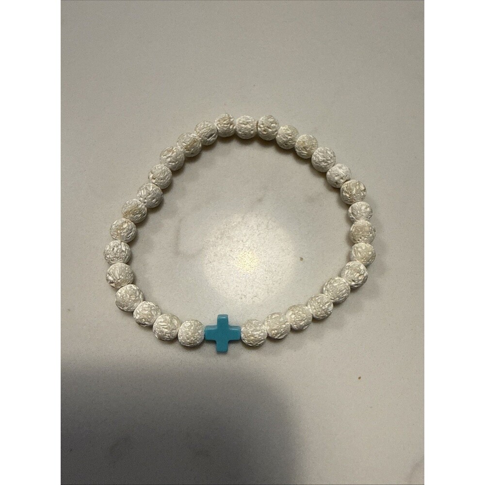 Handmade Beaded  Bracelet White and Blue Cross Charm